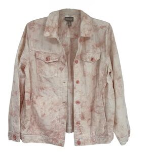 Chicos Cloud Print Jacket Linen Cotton Blend Womens Pink Button Up Size 2 (L)